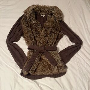Y2K Vintage Joseph A Brown Faux Fur Trimmed Sweater Cardigan/Jacket